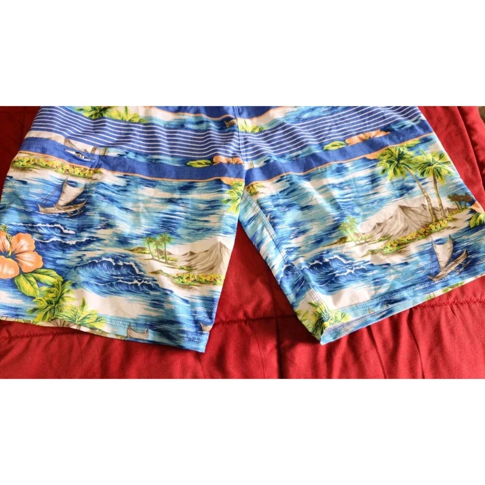 Ron Jon Surf Shorts Men 34 Blue Peach Beach Graphic Hawaiian Floral Zip Pocket - Picture 3 of 10